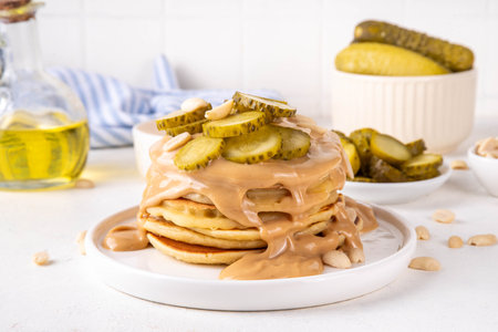Peanut butter Pickle Pancakes. Stack of fluffy tasty savory Pancakes wit a lot of Peanut butter drizzle, peanuts and pickles, copy spaceの写真素材