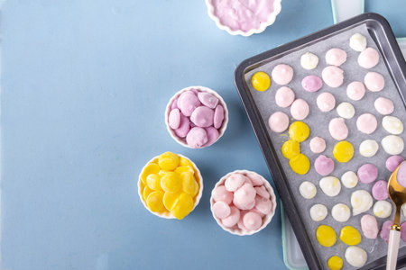 Frozen yogurt melts, mixed berry yoghurt drops, kids-friendly sweet healthy snack, quick baby food snack, tasty ice cream bites, copy spaceの写真素材