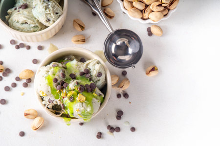 bowl with pistachio ice cream with tahini, kataifi and chocolate drops, with chocolate flavored syrup topping and pistachio nuts, on white kitchen table, copy spaceの写真素材