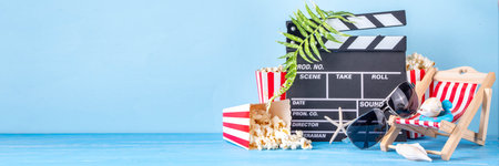 Summer holiday and vacation movie cinema marathon background Cinema clapper-board with sunglasses, seashells, starfish, popcorn buckets, vacation accessories, Cinema for the summer Movie Night partyの写真素材