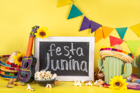 Festa Junina Brazil holiday greeting card background. Summer Brazilian harvest festival party background with traditional food - popcorn, peanuts, holiday hat, guitar, copy spaceの写真素材