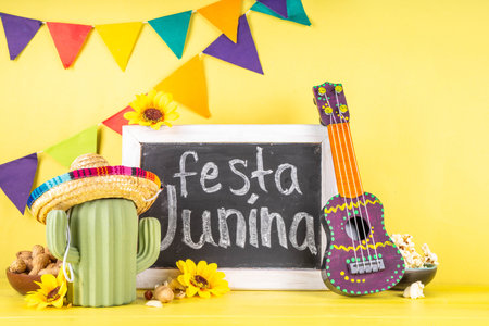 Festa Junina Brazil holiday greeting card background. Summer Brazilian harvest festival party background with traditional food - popcorn, peanuts, holiday hat, guitar, copy spaceの写真素材