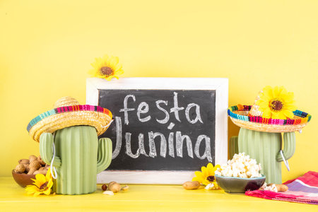 Festa Junina Brazil holiday greeting card background. Summer Brazilian harvest festival party background with traditional food - popcorn, peanuts, holiday hat, guitar, copy spaceの写真素材
