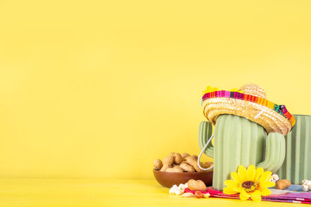 Festa Junina Brazil holiday greeting card background. Summer Brazilian harvest festival party background with traditional food - popcorn, peanuts, holiday hat, guitar, copy spaceの写真素材