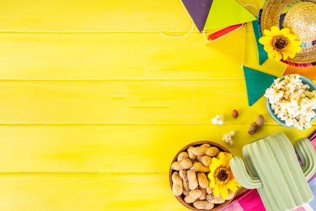 Festa Junina Brazil holiday greeting card background. Summer Brazilian harvest festival party background with traditional food - popcorn, peanuts, holiday hat, copy spaceの写真素材
