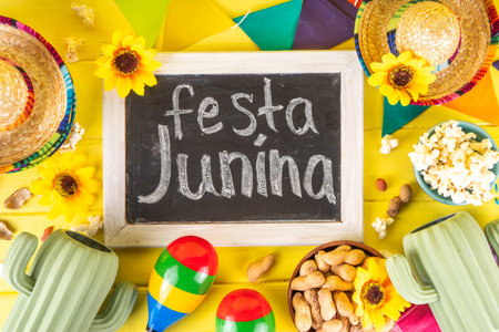 Festa Junina Brazil holiday greeting card background. Summer Brazilian harvest festival party background with traditional food - popcorn, peanuts, cactus decoration, holiday hat, guitar, copy spaceの写真素材