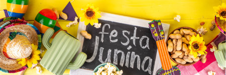 Festa Junina Brazil holiday greeting card background. Summer Brazilian harvest festival party background with traditional food - popcorn, peanuts, holiday hat, guitar, copy spaceの写真素材