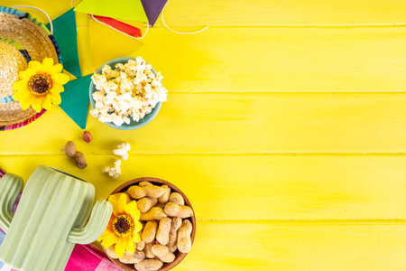 Festa Junina Brazil holiday greeting card background. Summer Brazilian harvest festival party background with traditional food - popcorn, peanuts, holiday hat, copy spaceの写真素材