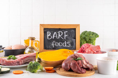 BARF food ingredients, healthy balanced diet for animal background. Biologically Appropriate Raw Food assortment for making barf trendy pet bowlの写真素材