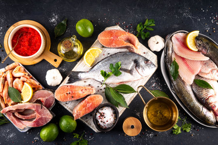 Variety raw fish and seafood background. Fresh fish, shrimps, mussels, caviar assortment flat lay, fish sale and market template,の写真素材