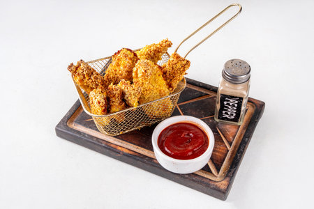 Tasty flavorful freshly cooked chicken nuggets or strips, with golden corn breading, fried in less oil. Homemade balanced diet fast food alternativeの写真素材