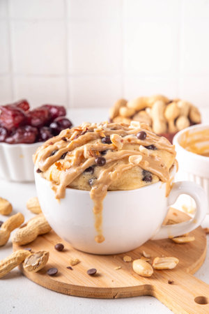 Healthy vegan Peanut Butter banana bread Mugcake, Rich and delicious peanut buttery microwave made mug cake with dates, chocolate drops, with Peanut Butter topping, nuts and chocolateの写真素材