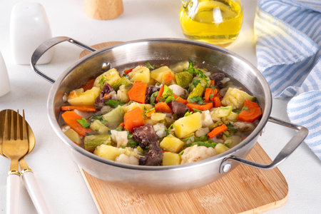 Comfort warm autumn food, balanced lunch, one pot full vegetable stew soup with autumn vegetables cauliflower, zucchini, meat, carrots and potatoの写真素材
