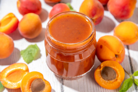 Homemade sweet sour apricot chutney jam preserves with spices and raisins, in small jar, with fresh ripe apricots on white wooden tableの写真素材