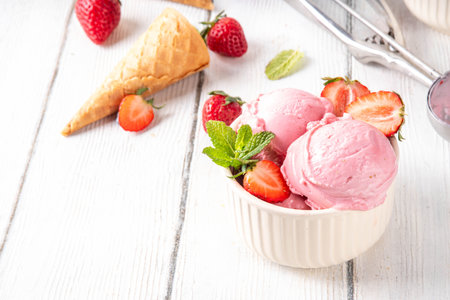 Summer refreshing cold dessert, tasty and aromatic strawberry ice cream, homemade berry sorbet in ceramic bowl, with fresh strawberries, ice cream waffle cones on white wooden backgroundの写真素材
