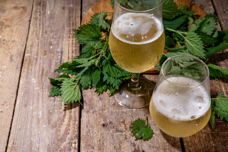 Nettle craft fizz beer alcohol alternative drink, soft organic refreshing nettle bubbly beverage, hard plant cider  with fresh nettle leaves copy spaceの写真素材
