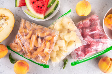 Healthy simple canning, stock up of fruit harvest for winter concept. Frozen fruit slices in bags, with fresh peaches, watermelon, melon on the kitchen tableの写真素材