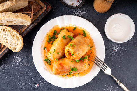 Comfort warm winter food, balanced Eastern European dinner recipe ideas, cabbage rolls, stuffed cabbage leaves, golubtsi with meat and vegetable fillingsの写真素材