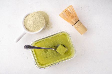 Matcha jelly collagen dessert, healthy organic snack made with green matcha teaの写真素材