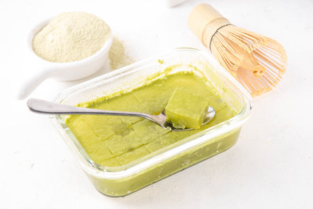 Matcha jelly collagen dessert, healthy organic snack made with green matcha teaの写真素材