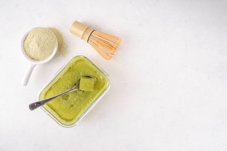 Matcha jelly collagen dessert, healthy organic snack made with green matcha teaの写真素材