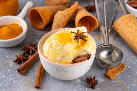 Golden milk ice cream, homemade vegan non-dairy gelato with turmeric latte taste, with spices and ice cream waffle cones copy spaceの写真素材