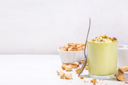 Vegan alternative non-dairy pistachio heavy cream, pistachio pudding or yogurt, with crushed pistachio nuts, copy spaceの写真素材