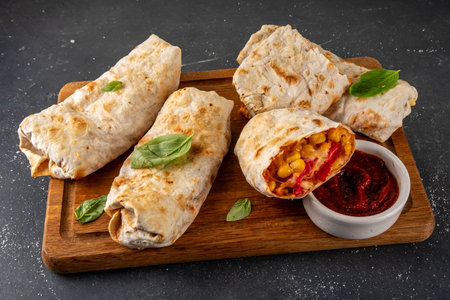 Homemade oven baked Pizza Burritos, pizza style quesadilla wraps with pepperoni or salami, tomatoes, cheese and corn, on kitchen table with hot tomato sauce, copy spaceの写真素材