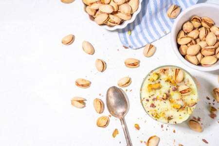 Vegan alternative non-dairy pistachio heavy cream, pistachio pudding or yogurt, with crushed pistachio nuts, copy spaceの写真素材
