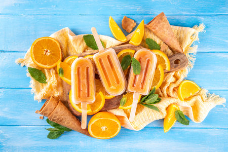 Homemade orange creamsicle lolipop ice cream, creamsicle popsicles, with orange slices and mint, sweet creamy summer dessert, on white kitchen table copy spaceの写真素材