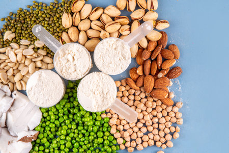 Various source vegan protein powders. Vegetarian plant based protein shakes powder and ingredient for it - green peas, soybeans, almonds, pistachios, peanuts, coconut, legumes.の写真素材