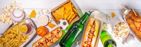 Traditional sport stadium foods and beer background, Set of various baseball, basketball, football fans and stadium snacks, chips, sauces, hot dogs with beer bottles and fan accessoriesの写真素材
