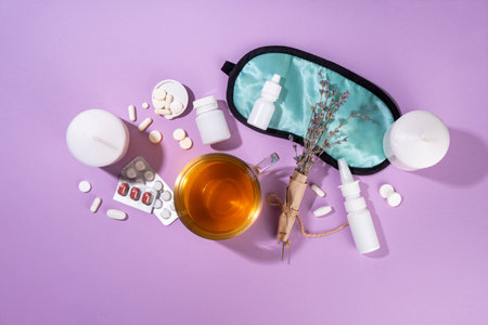 Sleep quality improvement concept, with sleep mask, relaxing herbal tea, lavender, alternative medicine pills for treating sleep disorderの写真素材