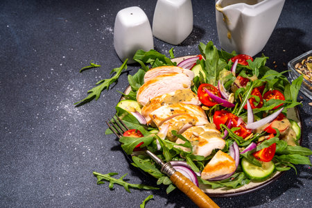 Grilled chicken fillet with vegetable salad. White meat, chicken or turkey breast, with fresh vegetables and greens salad, tomato, arugula, cucumber, onion, green olive oil sauce on black backgroundの写真素材