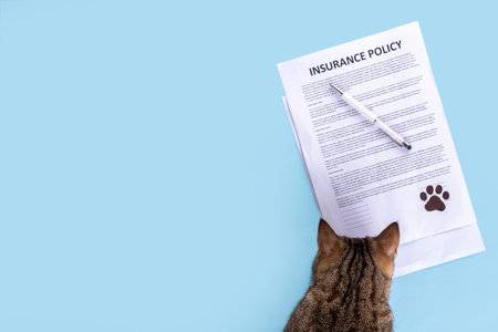 Pet health life Insurance, medical coverage concept. Insurance contract with cat paw signature and cute striped tabby cat. Flat lay mock-up for cats and dogs for insurance agency, medical servicesの写真素材
