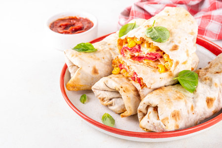Homemade oven baked Pizza Burritos, pizza style quesadilla wraps with pepperoni or salami, tomatoes, cheese and corn, on kitchen table with hot tomato sauce, copy spaceの写真素材