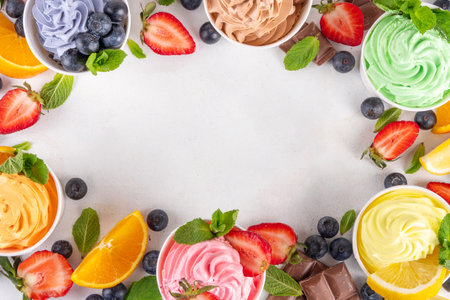 Frozen yogurt assortment. Soft creamy ice cream with chocolate, vanilla, berry, fruit flavors. Various tastes frozen yogurt cup with ingredients - blueberry, chocolate, strawberry, orange, lemon, mintの写真素材
