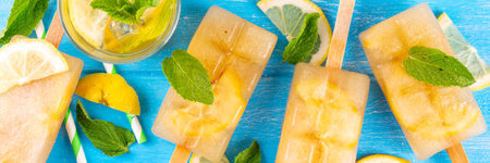 Iced tea or lemonade popsicles, sweet lemon and mint cocktail lollies with cold drink, lemon slices and mint leaves copy spaceの写真素材