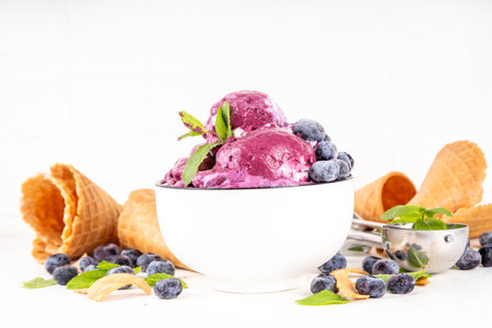 Blueberry rich creamy sorbet, tasty blueberry fruit ice cream with fresh berries, mint leaves and ice cream waffle cones on white table copy spaceの写真素材