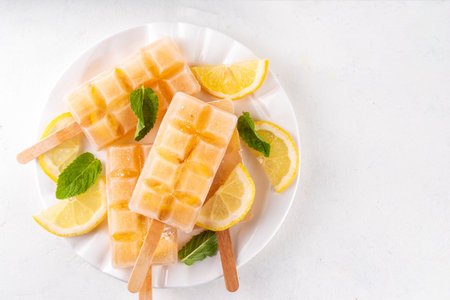 Iced tea or lemonade popsicles, sweet lemon and mint cocktail lollies with cold drink, lemon slices and mint leaves copy spaceの写真素材