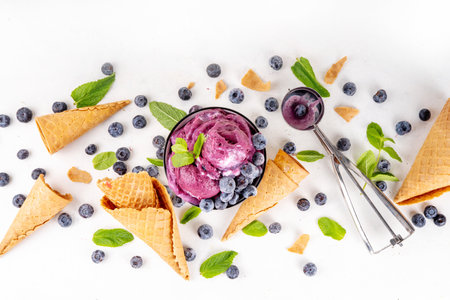 Blueberry rich creamy sorbet, tasty blueberry fruit ice cream with fresh berries, mint leaves and ice cream waffle cones on white table copy spaceの写真素材
