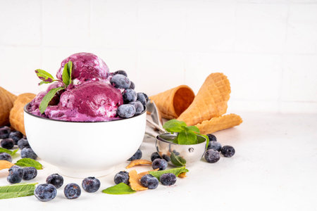 Blueberry rich creamy sorbet, tasty blueberry fruit ice cream with fresh berries, mint leaves and ice cream waffle cones on white table copy spaceの写真素材