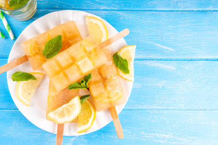 Iced tea or lemonade popsicles, sweet lemon and mint cocktail lollies with cold drink, lemon slices and mint leaves copy spaceの写真素材