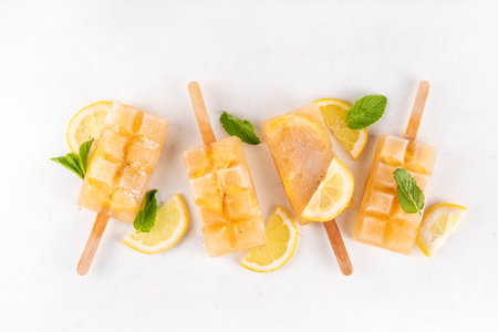 Iced tea or lemonade popsicles, sweet lemon and mint cocktail lollies with cold drink, lemon slices and mint leaves copy spaceの写真素材