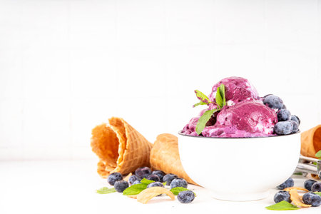 Blueberry rich creamy sorbet, tasty blueberry fruit ice cream with fresh berries, mint leaves and ice cream waffle cones on white table copy spaceの写真素材