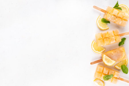 Iced tea or lemonade popsicles, sweet lemon and mint cocktail lollies with cold drink, lemon slices and mint leaves copy spaceの写真素材