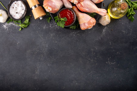 Chicken meat preparation background, raw chicken legs ready for grilling, with spices, salt, pepper, olive oil, garlic and marinade or sauce. Grilll and bbq season cooking background, copy spaceの写真素材