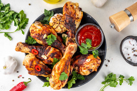 Grill and barbeque season recipes. Grilled chicken legs with garlic, spices, parsley, bbq sauce and olive oil. Tasty broiler drumstick ready for dinner on lunch. Chicken meat, barbecue menu backgroundの写真素材