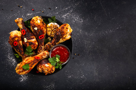 Grill and barbeque season recipes. Grilled chicken legs with garlic, spices, parsley, bbq sauce and olive oil. Tasty broiler drumstick ready for dinner on lunch. Chicken meat, barbecue menu backgroundの写真素材