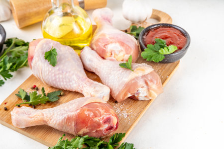 Chicken meat preparation background, raw chicken legs ready for grilling, with spices, salt, pepper, olive oil, garlic and marinade or sauce. Grill and bbq season cooking background, copy spaceの写真素材
